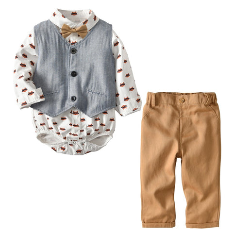Boutique outfit set Toddler Baby Cartoon Romper+Vest+Pants+Bowtie Gentleman