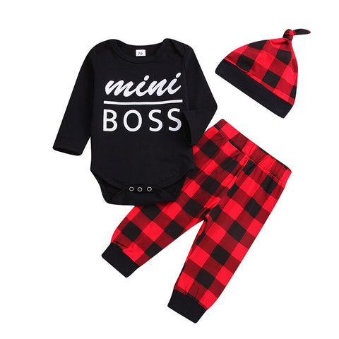 3PCS babies clothes for baby boy girl Letter Print Romper+Grid Print Pants+Hat Set