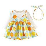 Long Sleeve Floral Princess Dress Headband Clothes Set