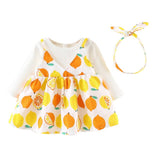 Long Sleeve Floral Princess Dress Headband Clothes Set