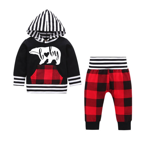 new born baby Boys clothes set Baby Stripe Hooded T-shirt+Plaid Pants