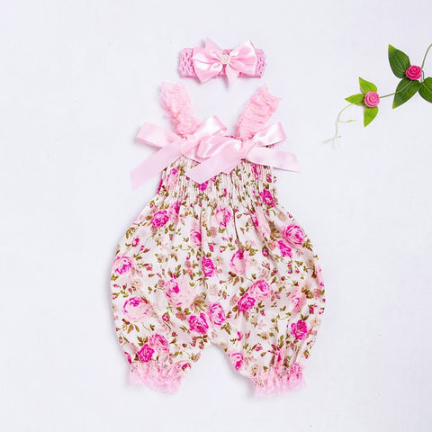 Toddler baby girl romper clothes set Floral Romper Jumpsuit+Headband Set